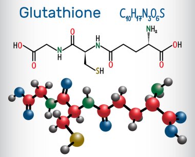 Glutatyon (Gsh) molekülü, bitkilerde önemli bir antioksidandır, hayvanlar ve bazı bakteriler. Yapısal kimyasal formül ve molekül modeli. 