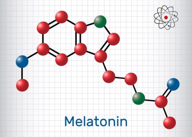 Melatonin molecule, sleep hormone. Atoms are represented as spheres with color: carbon (red), oxygen (blue), nitrogen (green). Molecular model. Sheet of paper in a cage clipart