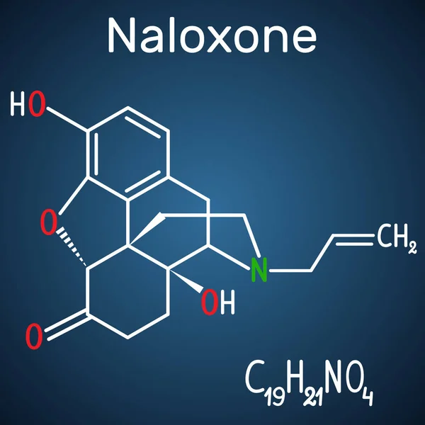 Молекула налоксона. Используется для блокировки эффектов опиоидов, особенно при передозировке. Структурная химическая формула и молекулярная модель на темно-синем фоне . — стоковый вектор