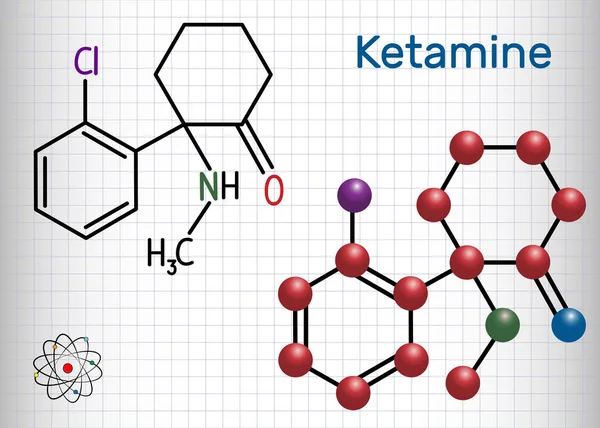 Molécula de ketamina. Se utiliza para la anestesia en medicina. Fórmula química estructural y modelo molecular. Hoja de papel en una jaula . — Vector de stock