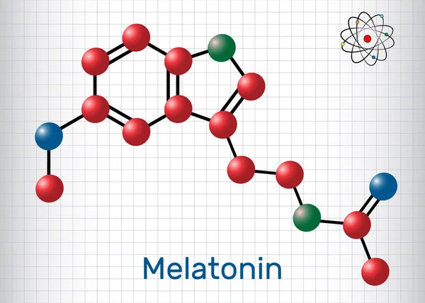 Молекула мелатонина, гормон сна. Атомы представлены в виде сфер с цветом: углерод (красный), кислород (синий), азот (зеленый). Молекулярная модель. Лист бумаги в клетке — стоковый вектор