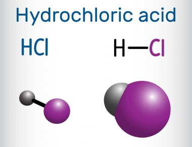 Hydrochloric acid ( hydrogen chloride)  molecule .  It is a corrosive, strong mineral acid. Structural chemical formula and molecule model. clipart