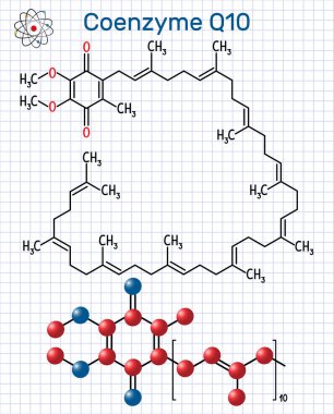 Koenzim Q10 (ubiquinone, ubidecarenone, koenzim Q, Coq10) molekülü. Antioksidan özelliklere sahip kofaktördür. Yapısal kimyasal formül ve molekül modeli. Kafesteki kağıt levha.
