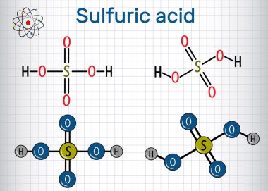 Sülfürik asit (sülfürik, H2so4) molekülü. Güçlü mineral asittir. Yapısal kimyasal formül ve molekül modeli. Kafesteki kağıt levha