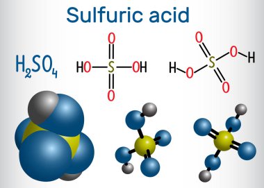 Sulfuric acid (sulphuric, H2SO4)  molecule .  It is strong mineral acid. Structural chemical formula and molecule model clipart