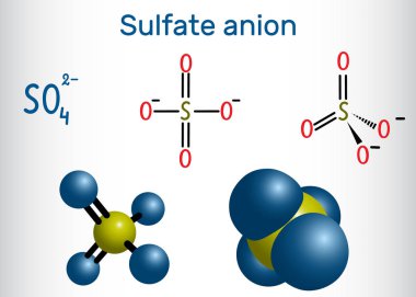 Sülfat aniyon (sülfat) molekülü. Yapısal kimyasal formül ve molekül modeli.
