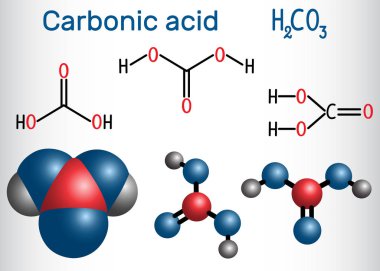 Carbonic acid (H2CO3) molecule .  It is also solution of carbon dioxide in water (carbonated water). Structural chemical formula and molecule model clipart