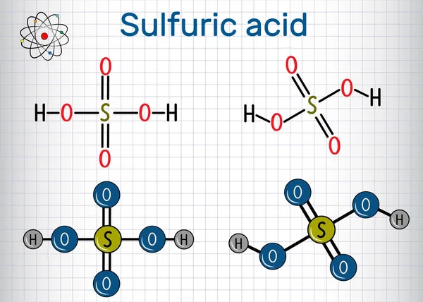 Sulfuric acid (sulphuric, H2SO4)  molecule .  It is strong mineral acid. Structural chemical formula and molecule model. Sheet of paper in a cage — Stock Vector