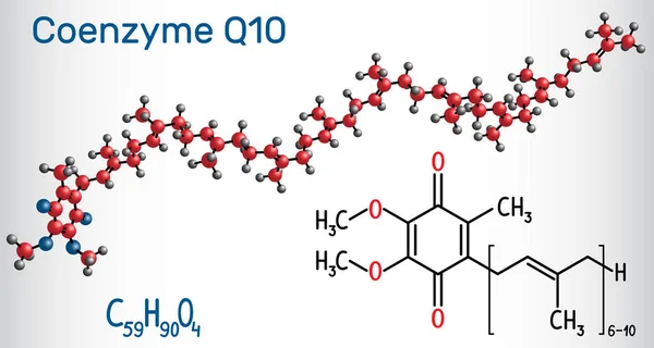 Koenzim Q10 (ubiquinone, ubidecarenone, koenzim Q, Coq10) molekülü. Antioksidan özelliklere sahip kofaktördür. Yapısal kimyasal formül ve molekül modeli