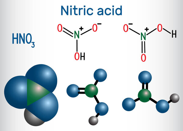 Nitric acid (HNO3) molecule .  It is a highly corrosive mineral 