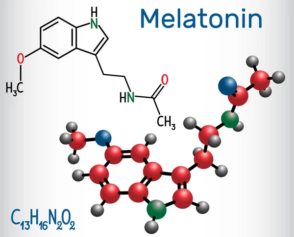 Молекула мелатонина, гормон, который регулирует сон и бодрствование. Структурная химическая формула и молекулярная модель . — стоковый вектор