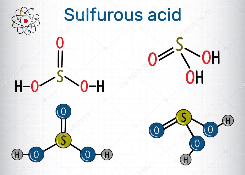 Sulfurous acid (sulphurous acid, H2SO3) molecule. Structural chemical formula and molecule model. Sheet of paper in a cage