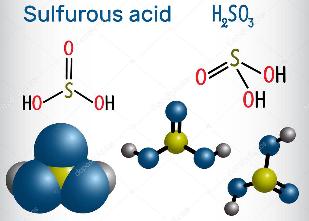 Sulfurous acid (sulphurous acid, H2SO3) molecule. Structural chemical formula and molecule mode