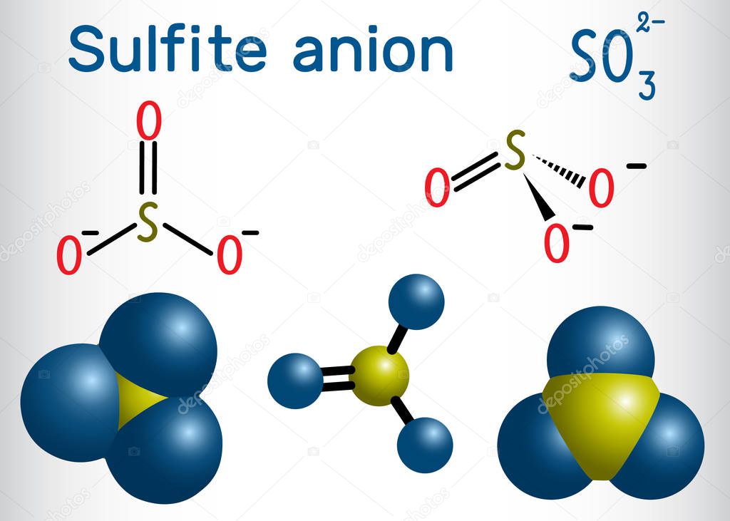 Sulfite anion molecule. Sulfites (sulphites) are used as regulated food additives. Structural chemical formula and molecule model. 