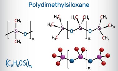 Polidimethylsiloxane, Pdms, silikon polimer, molekül. Yapısal kimyasal formül ve molekül modeli.