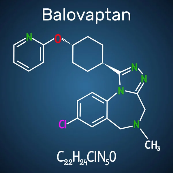 Molécula de Balovaptán. Es droga para el tratamiento del autismo. Fórmula química estructural y modelo de molécula sobre fondo azul oscuro — Vector de stock