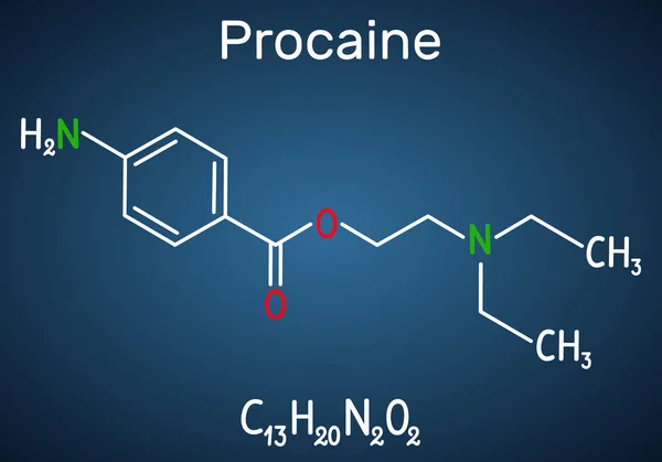 Molécula de procaína. Es una droga anestésica local. Fórmula química estructural y modelo de molécula sobre fondo azul oscuro . — Vector de stock
