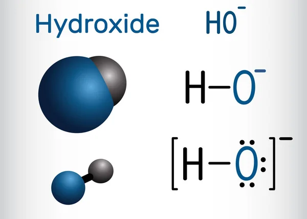 Anión hidróxido. Fórmula química estructural y modelo molecular . — Vector de stock