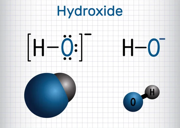 Hidroksit anionu. Yapısal kimyasal formül ve molekül modeli. Kafesteki kağıt levha. — Stok Vektör