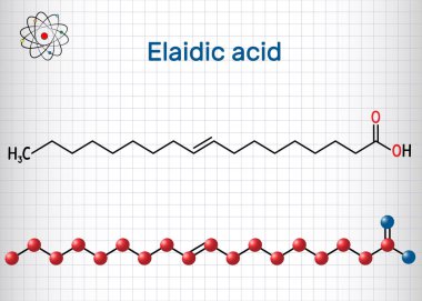 Elaidik asit molekülü. Yapısal kimyasal formül ve molekül modeli. Kafesteki kağıt levha