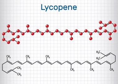 Likopen molekülü. Yapısal kimyasal formül ve molekül modeli. Kafesteki kağıt levha