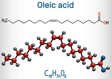 Oleik asit cis, omega-9 molekülü. Yapısal kimyasal formül ve molekül modeli
