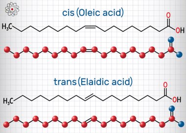 Oleik asit cis ve elaidic asit trans , omega-9 yağ asitleri geometrik izomerleri vardır. Yapısal kimyasal formül ve molekül modeli. Kafesteki kağıt levha