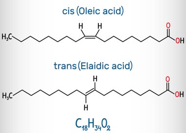 Oleik asit cis ve elaidic asit trans , omega-9 yağ asitleri geometrik izomerleri vardır. Yapısal kimyasal formül
