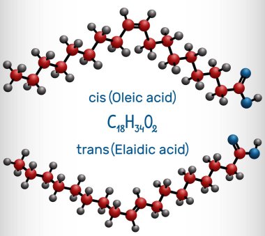 Oleik asit cis ve elaidic asit trans , omega-9 yağ asitleri geometrik izomerleri vardır. Molekül modeli