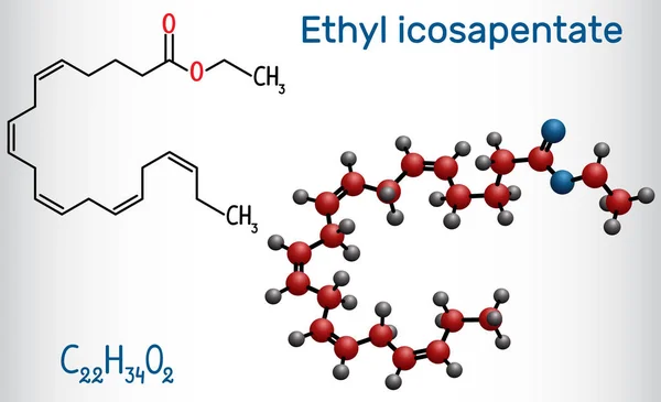 Ácido etil eicosapentaenóico molécula de etilo icosapente. Fórmula química estrutural e modelo de molécula — Vetor de Stock