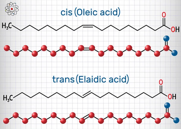 Ácido oleico cis y ácido elaidico trans, ácidos grasos omega-9 son isómeros geométricos. Fórmula química estructural y modelo molecular. Hoja de papel en una jaula — Vector de stock