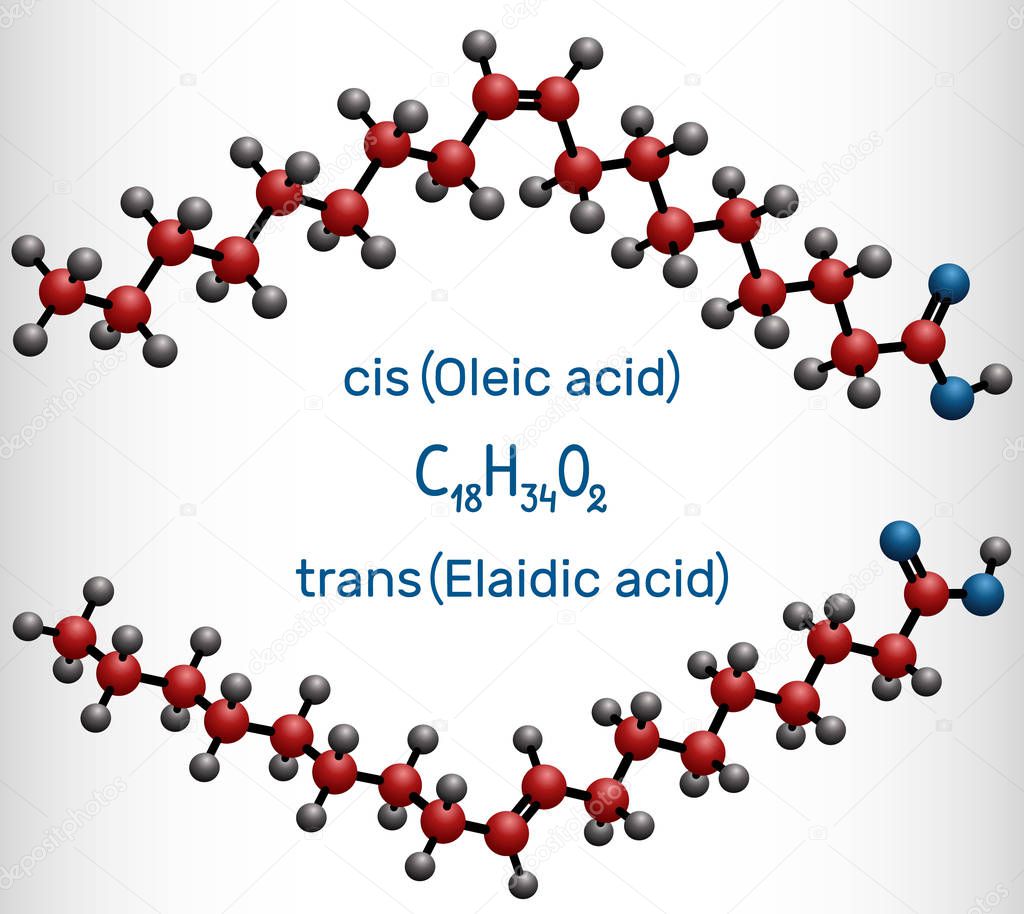 Oleic acid cis and elaidic acid trans , omega-9 fatty acids are geometric isomers. Molecule model
