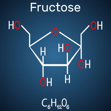 Fruktoz, alfa-D-fruktofuranose molekülü. Döngüsel form. Koyu mavi arka plan üzerinde yapısal kimyasal formül