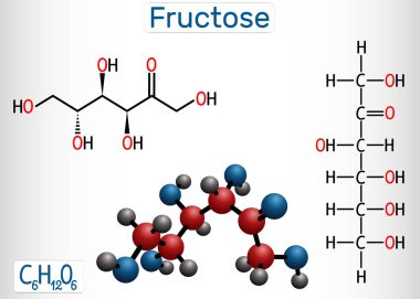 Fruktoz, D-fruktoz molekülü. Doğrusal form. Yapısal kimyasal formül ve molekül modeli.