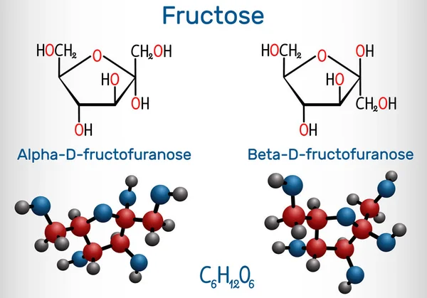 Fructose, alpha-D-fructofuranose, beta-D-fructofuranose molecule. Cyclic form. Structural chemical formula and molecule model. — Stock Vector