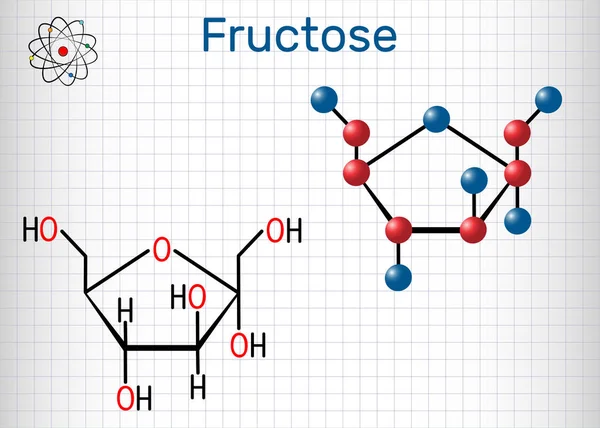 Fruktos, alfa-D-fruktofuranose-molekyl. Cyklisk form. Strukturell kemisk formel och molekyl modell. Pappersark i en bur — Stock vektor
