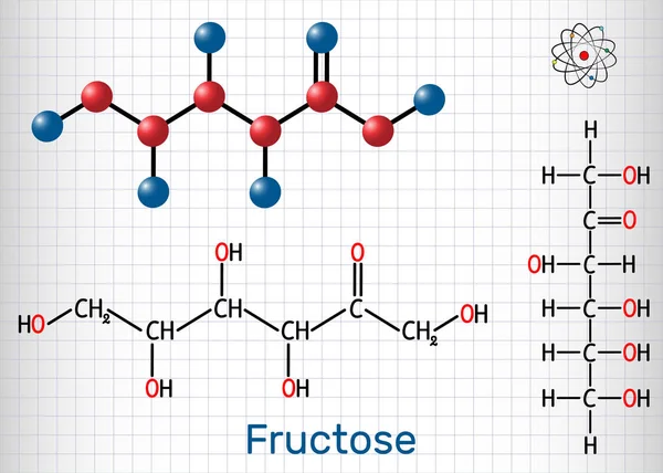 Fructosa, molécula de D-fructosa. Forma lineal. Fórmula química estructural y modelo molecular. Hoja de papel en una jaula . — Vector de stock