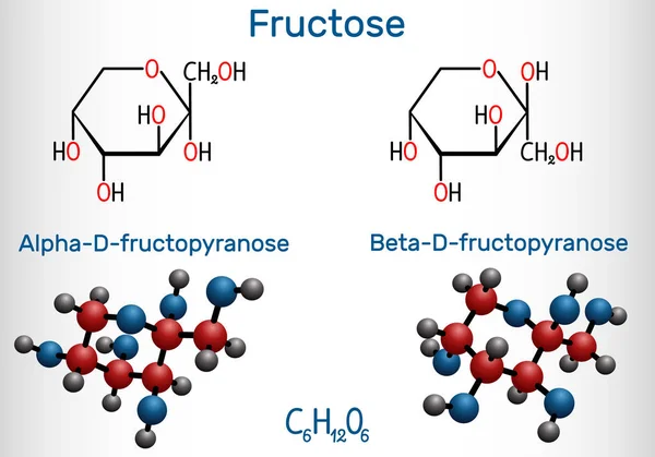 Fructosa, alfa-D-fructopiranosa, molécula beta-D-fructopiranosa. Forma cíclica. Fórmula química estructural y modelo molecular . — Vector de stock