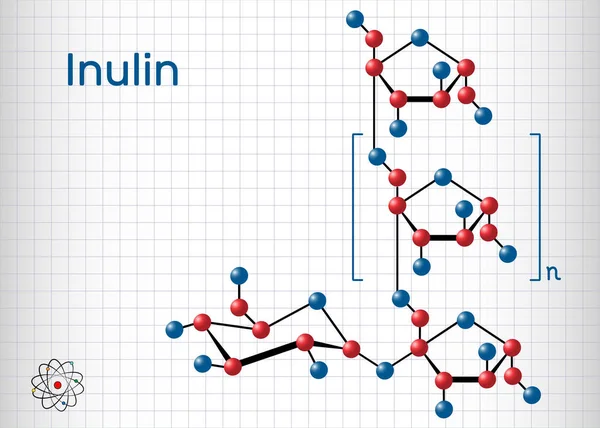 Molécule d'inuline. Feuille de papier en cage. Formule chimique structurelle et modèle moléculaire . — Image vectorielle