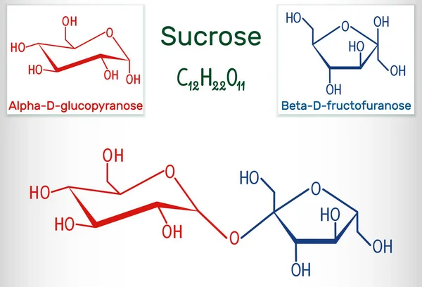 Sackaros sockermolekyl. Strukturell kemisk formel och molekyl modell. — Stock vektor