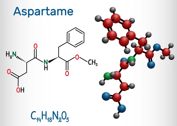 Aspartamo, APM, molécula. Sustituto de azúcar y E951. Fórmula química estructural y modelo molecular . — Vector de stock