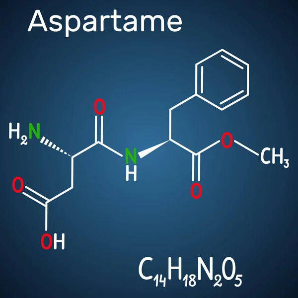 Aspartamo, APM, molécula. Sustituto de azúcar y E951. Fórmula química estructural y modelo de molécula sobre fondo azul oscuro . — Vector de stock