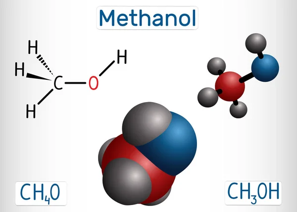Metanolo, alcol metilico, molecola. Sostituto dello zucchero e E951. Formula chimica strutturale e modello molecolare . — Vettoriale Stock