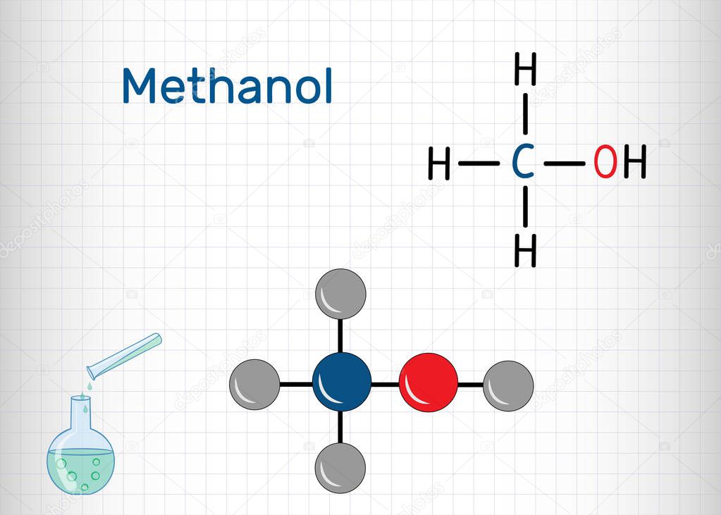 Methanol, methyl alcohol, molecule. Sugar substitute and E951. Structural chemical formula and molecule model.