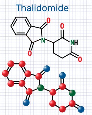 Talidomid molekülü. Multipl miyelom ve cüzzam tedavisi olarak kullanılır. Yapısal kimyasal formül ve molekül modeli. Kafesteki kağıt levha.