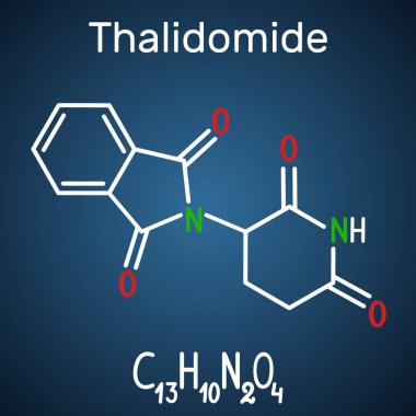 Thalidomide molecule. Is used as a treatment of multiple myeloma and of leprosy. Structural chemical formula and molecule model on the dark blue background clipart