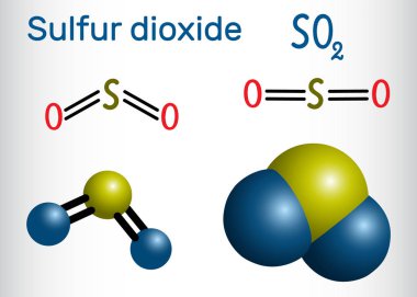 Kükürt dioksit sülfür dioksit, So2 molekülü. Yapısal kimyasal formül ve molekül modeli