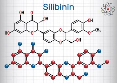 Silibinin silybin molekülü. Yapısal kimyasal formül. Kafesteki kağıt levha