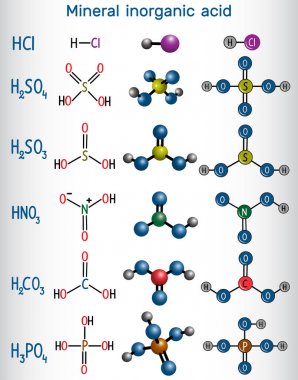 Chemical formula and molecule model mineral inorganic acid. Hydrochloric acid HCL , Sulfuric acid H2SO4 , Nitric acid HNO3 , Carbonic acid H2CO3 Sulfurous acid H2SO3 , Phosphoric acid H2PO4  clipart
