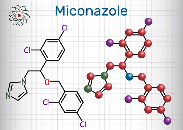 Molekuly miconazolu. List papíru v kleci. Strukturní chemický vzorec. — Stockový vektor